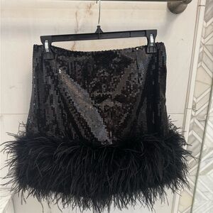 NADINE MERABI Black Sequin Mini Skirt with Feather Trim